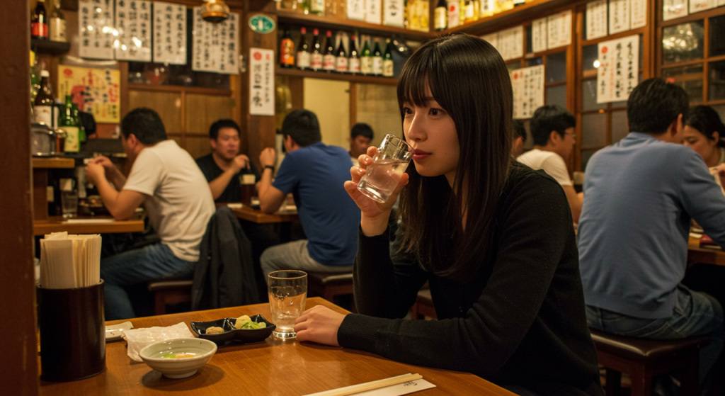 居酒屋の賑やかな店内。少し離れた席で一人、手元のグラスを見つめる女性。
