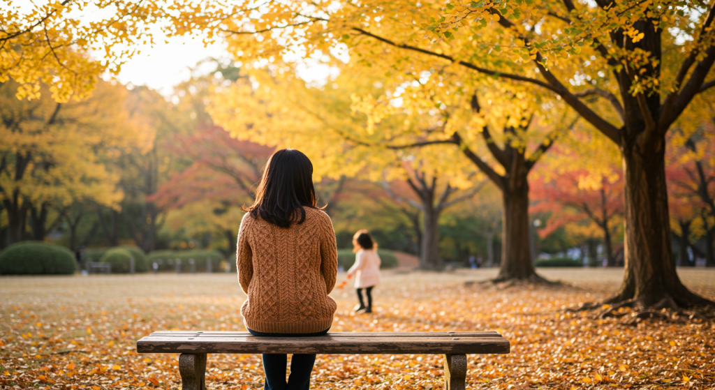 秋の公園で一人ベンチに座り、少し離れた場所で遊ぶ娘を見つめる女性の後ろ姿