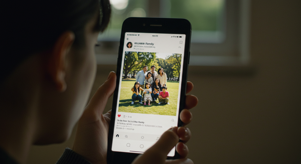 スマートフォンの画面に映る、楽しそうな家族写真のInstagram投稿。それを見ている女性の暗い表情。