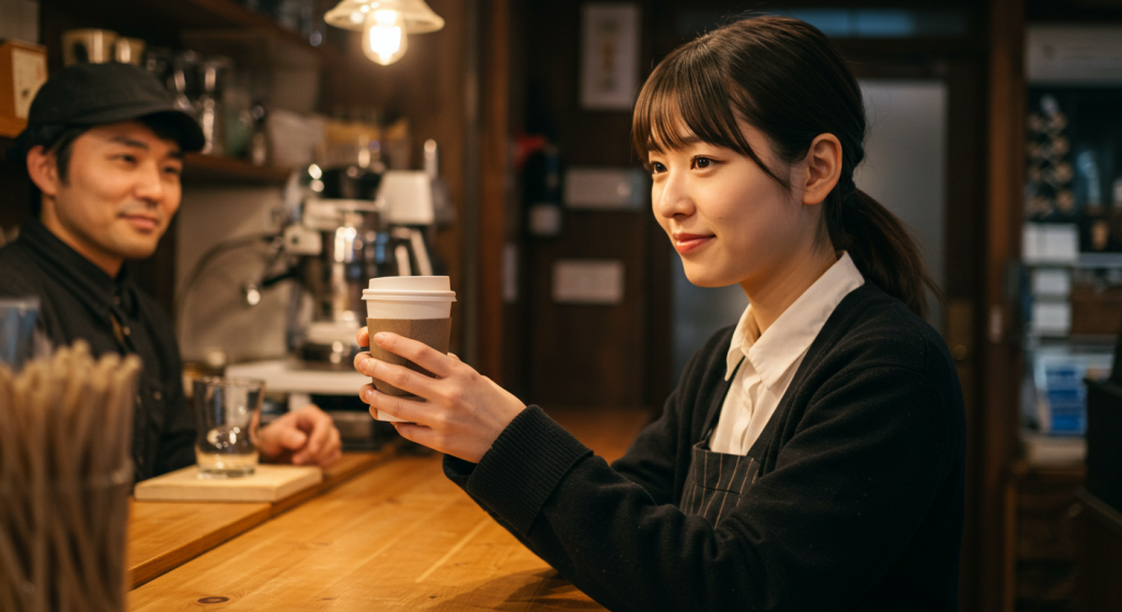 カフェのカウンター。コーヒーカップを受け取る女性の手元。少しだけ和らいだ表情。