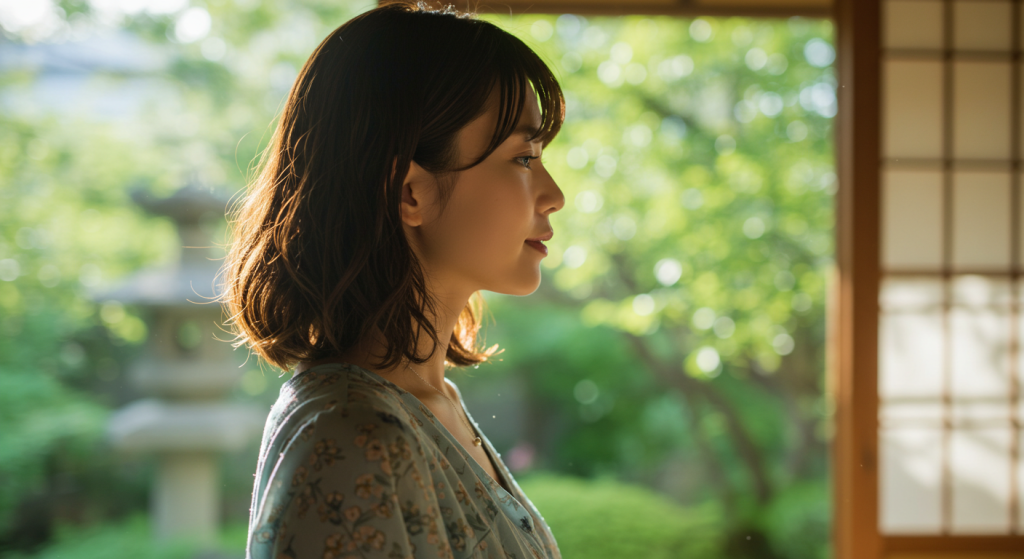 朝の光が差し込む窓辺で、深呼吸をする女性の横顔。少しだけ前向きな表情。